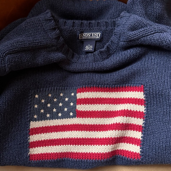 Land’s End Vintage USA Flag Motif Blue Crewneck 100% cotton Sweater 4th of July - Picture 3 of 10